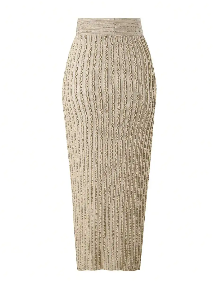 High-Waisted Textured Knit Midi Skirt Set With V-Neck Backless One-Piece Swimsuit For Summer Beach Vacation Wear
High-Waisted Textured Knit Midi Skirt Set With V-Neck Backless One-Piece Swimsuit For Summer Beach Vacation Wear