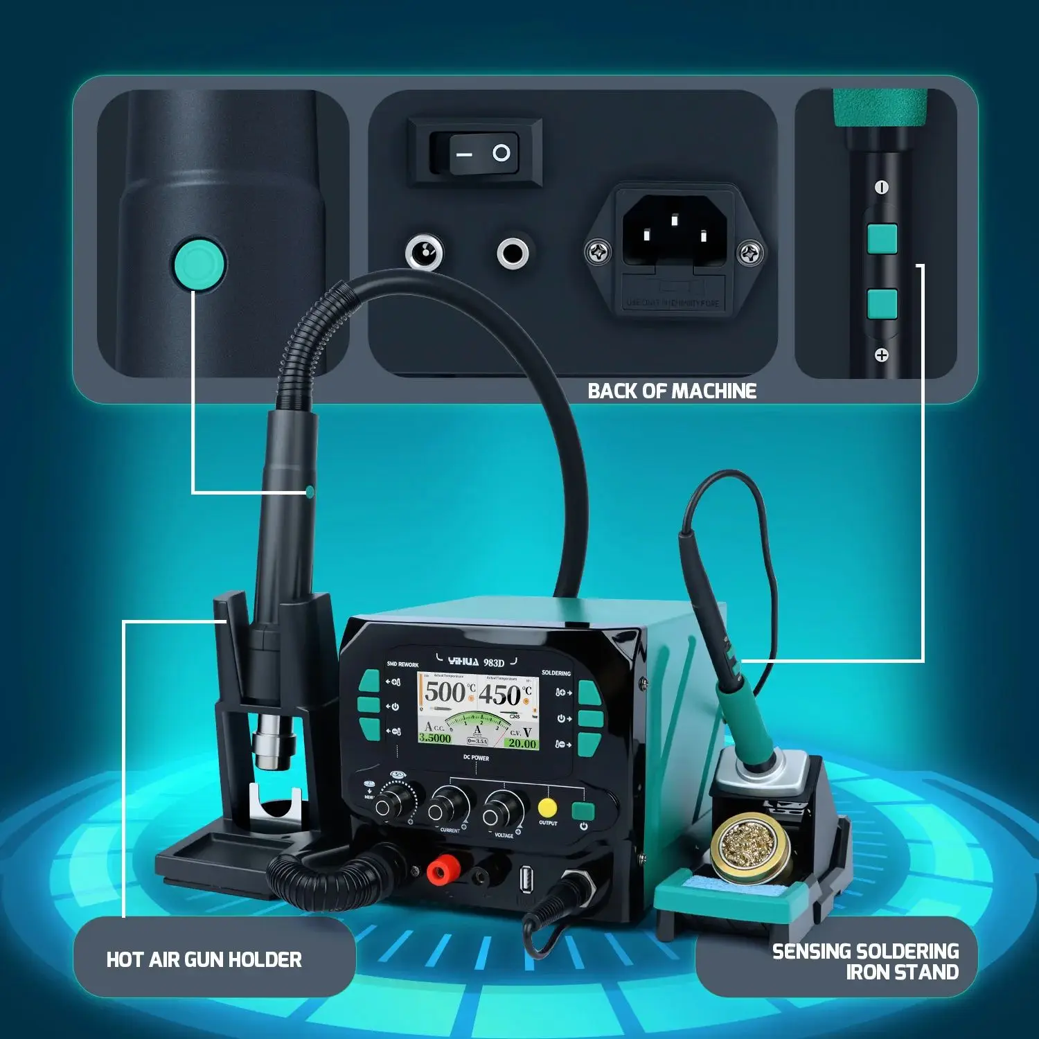 1300W Desoldering Station 3-IN-1 Heat Gun 210 245 Soldering Iron DC Power Supply Welding Repair Equipment YIHUA 983D
1300W Desoldering Station 3-IN-1 Heat Gun 210 245 Soldering Iron DC Power Supply Welding Repair Equipment YIHUA 983D