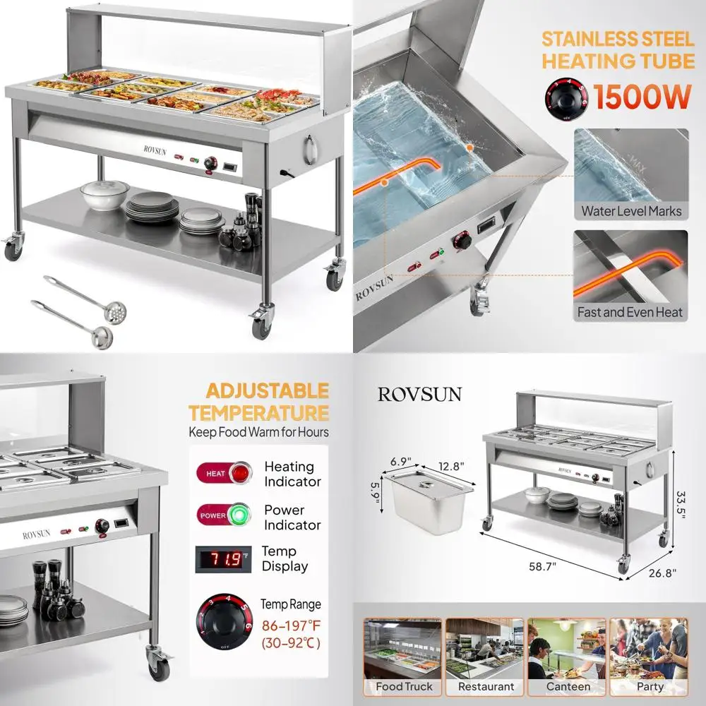 96QT Steam Table, 12-Pan Electric Commercial ood Warmer StainlSteel Bain Marie w/Acrylic Shield Overshel Undershel Temperature C
96QT Steam Table, 12-Pan Electric Commercial ood Warmer StainlSteel Bain Marie w/Acrylic Shield Overshel Undershel Temperature C