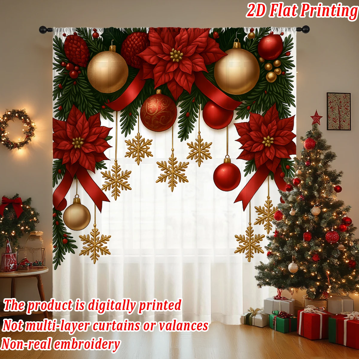 Christmas Flat Printing Sheer Curtain with Christmas Poinsettia Snowflak Pine Branch for Living Room Bedroom Decor Holiday Party
Christmas Flat Printing Sheer Curtain with Christmas Poinsettia Snowflak Pine Branch for Living Room Bedroom Decor Holiday Party