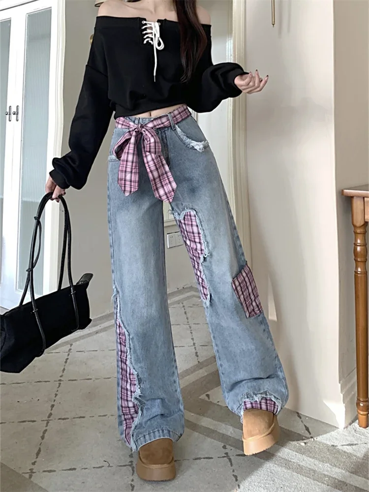 Girl Trouser High Waisted Vintage Streetwear Female Casual Y2K Denim Pants Women's Grid Splicing Bow Patch Jeans Sweet
Girl Trouser High Waisted Vintage Streetwear Female Casual Y2K Denim Pants Women's Grid Splicing Bow Patch Jeans Sweet