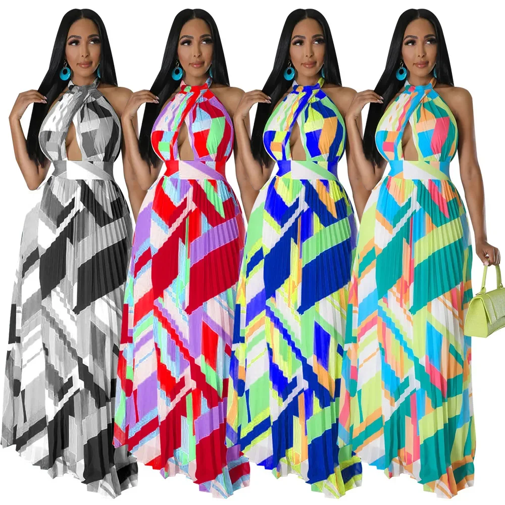 Women Geometrical Striped Halter Neck Backless Pleated Big Swing Maxi Long Dress 2025 INS Beach Holidaye Party Dresses
Women Geometrical Striped Halter Neck Backless Pleated Big Swing Maxi Long Dress 2025 INS Beach Holidaye Party Dresses