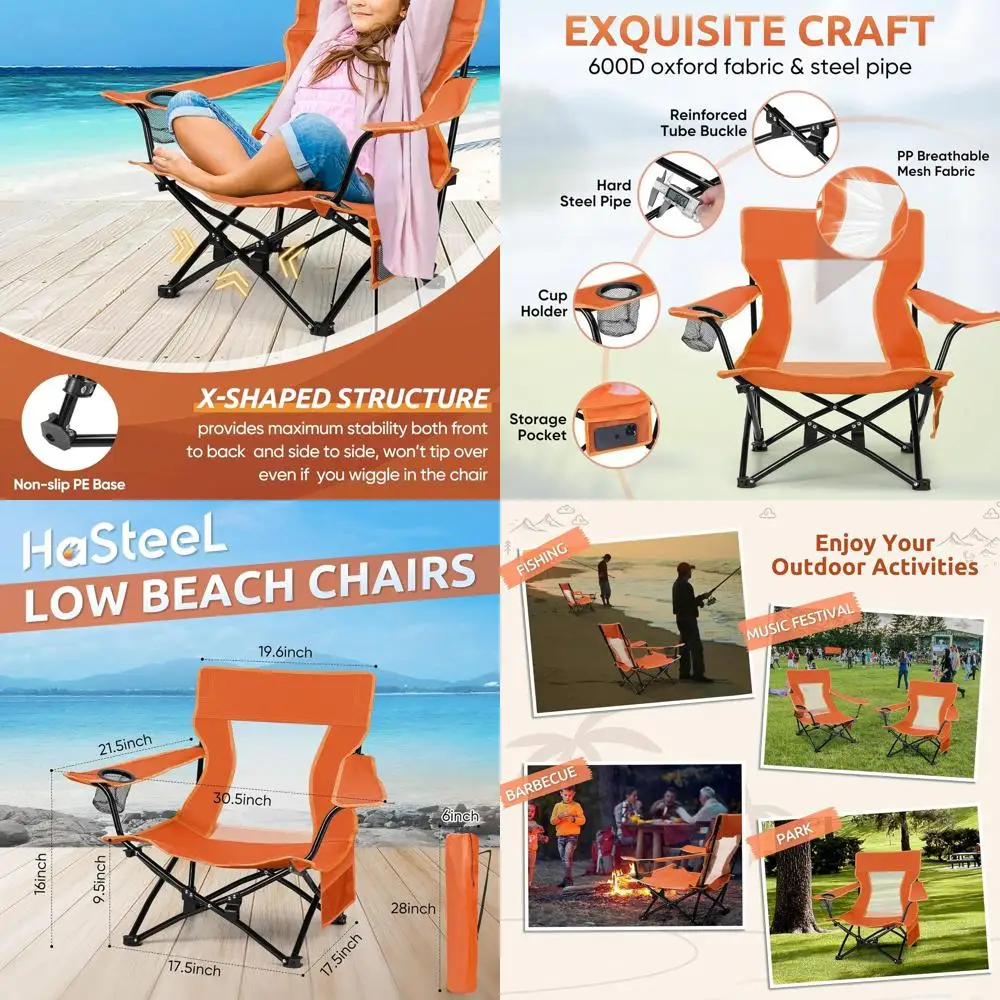 Pair of Foldable Orange Beach Chairs for Outdoor Adventures, Portable Low Stools with Cup Holders and Storage Bag
Pair of Foldable Orange Beach Chairs for Outdoor Adventures, Portable Low Stools with Cup Holders and Storage Bag