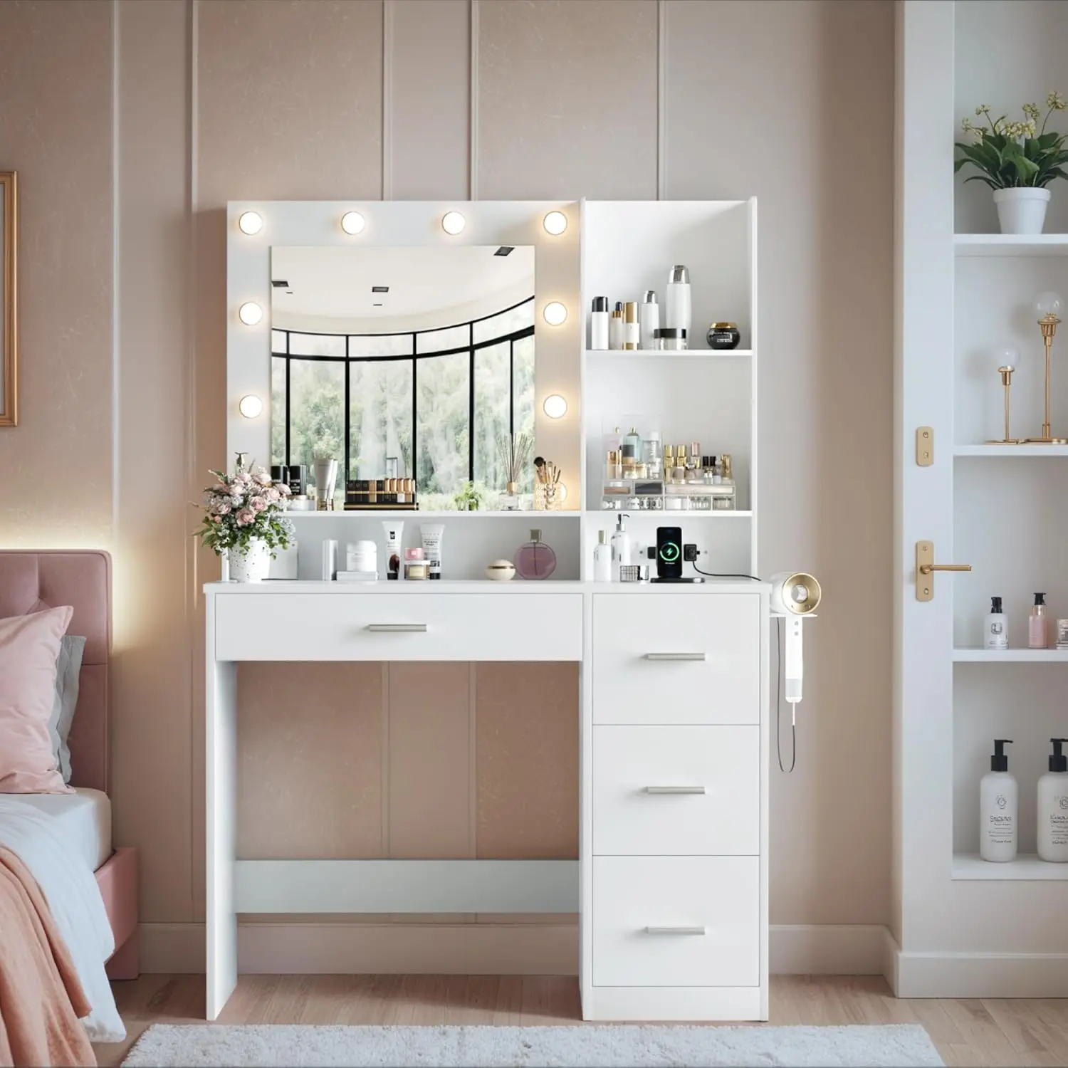 Vanity Desk with LED Lighted Mirror&Power Outlet, 4 Drawers and 3 Storage Shelves, Adjustable 3 Lighting Color
Vanity Desk with LED Lighted Mirror&Power Outlet, 4 Drawers and 3 Storage Shelves, Adjustable 3 Lighting Color
