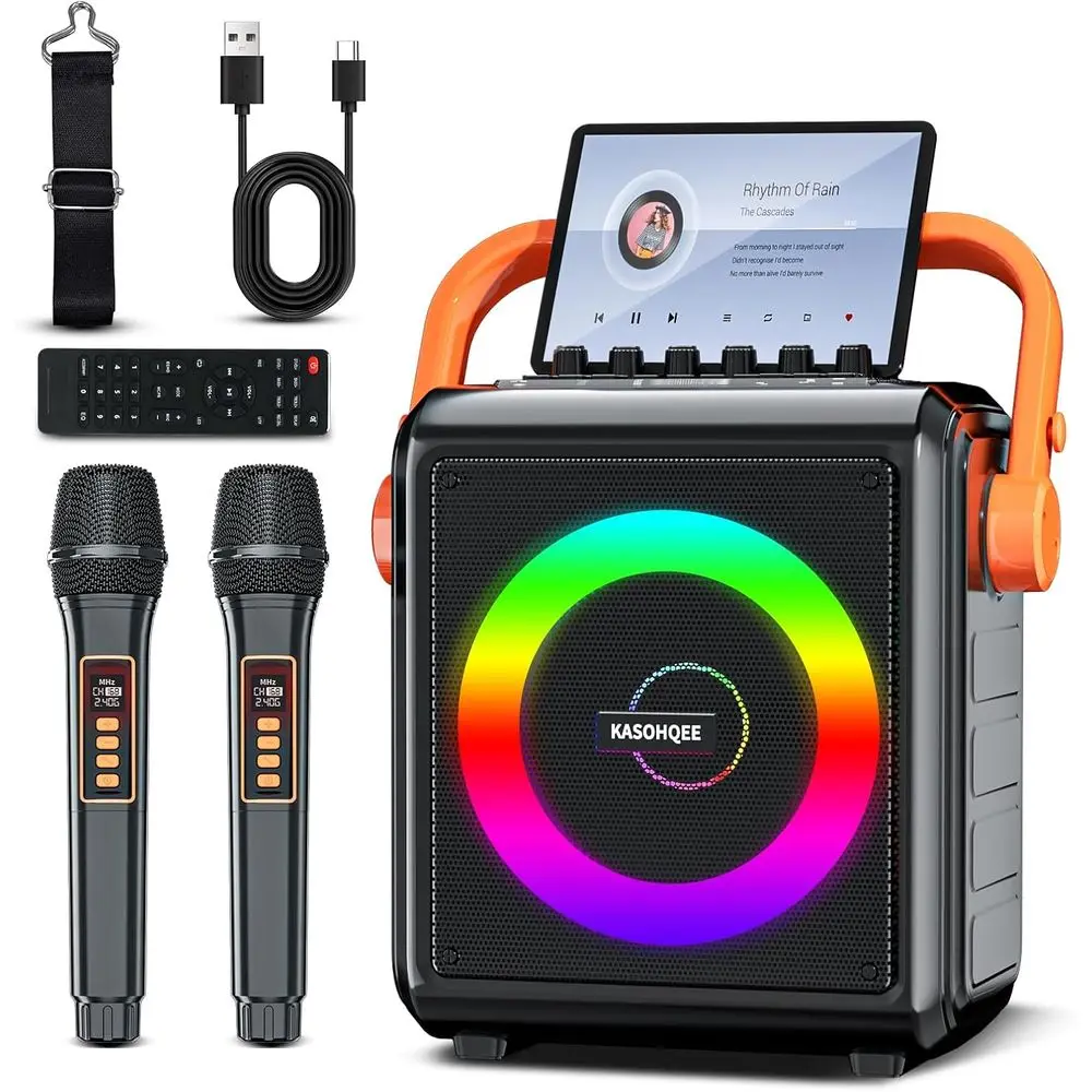 Portable 8000mAh Bluetooth Speaker with 2 Wireless Microphones for Adults & Kids, LED Lights, Supports TF Card, AUX Input, and R