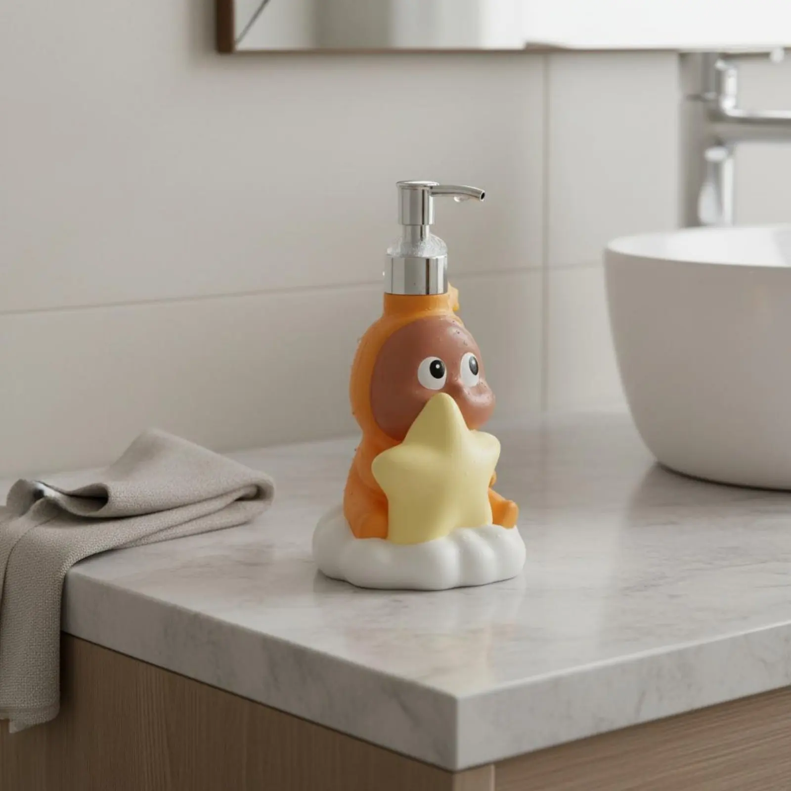 Tabletop Soap Dispenser Natural Resin Character Dispenser Bathroom Accessory Curved Nozzle Cloud Base
Tabletop Soap Dispenser Natural Resin Character Dispenser Bathroom Accessory Curved Nozzle Cloud Base