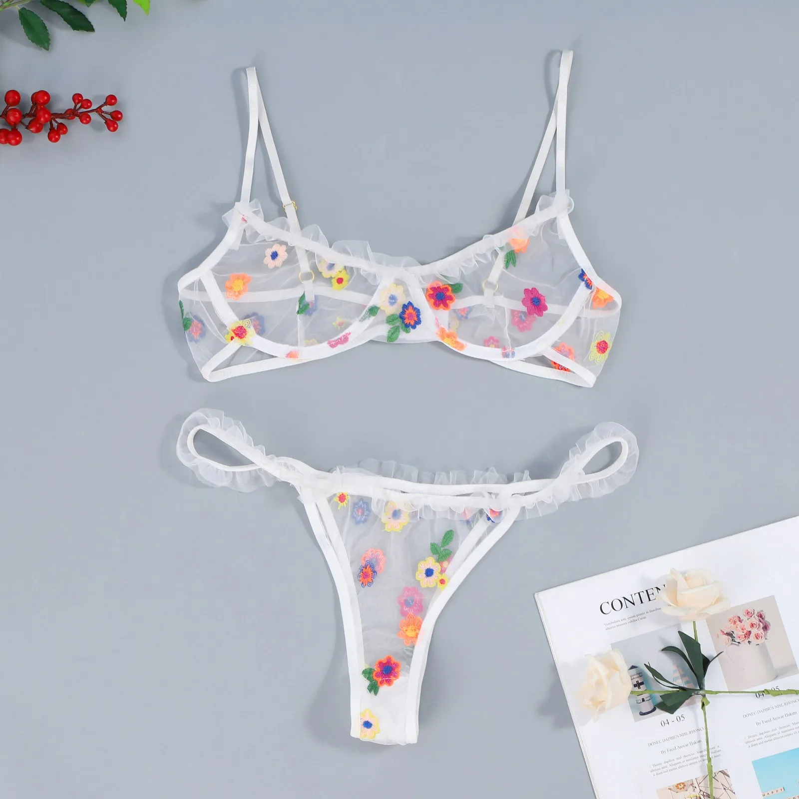 Sexy Mesh Sheer Lingeries Set Women Floral Embroidery Ruffle Underwire Bra Lace G-String Transparent Underwear Erotic Costumes
Sexy Mesh Sheer Lingeries Set Women Floral Embroidery Ruffle Underwire Bra Lace G-String Transparent Underwear Erotic Costumes
