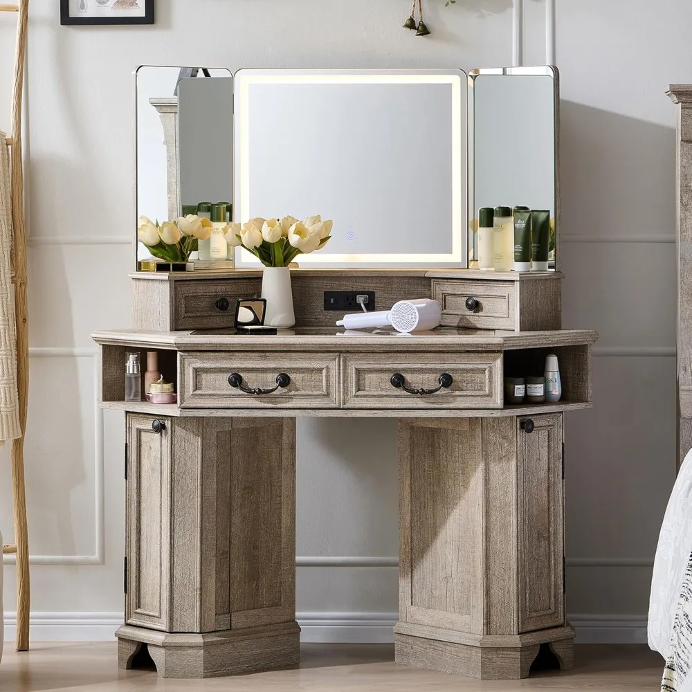 Makeup Vanity Desk 48" with 3 Way Mirror and Lights, Large Farmhouse Corner Vanity Dressing Table with Glass Top, Customized
Makeup Vanity Desk 48" with 3 Way Mirror and Lights, Large Farmhouse Corner Vanity Dressing Table with Glass Top, Customized