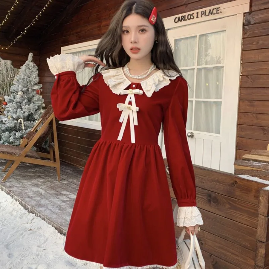 【New Arrival】Red Velvet Peter Pan Collar Bow Tie Long Sleeve A-Line Midi Dress Women Christmas Party Sundress
【New Arrival】Red Velvet Peter Pan Collar Bow Tie Long Sleeve A-Line Midi Dress Women Christmas Party Sundress