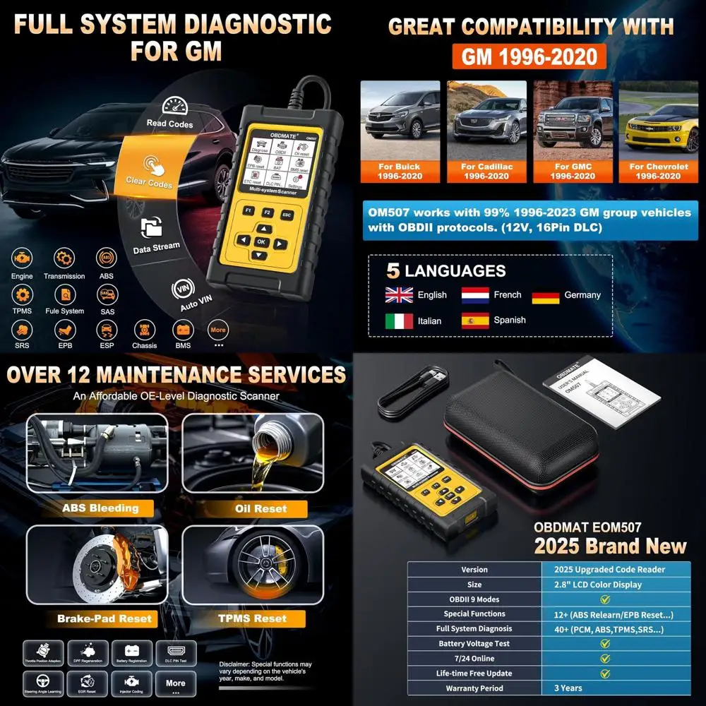 Диагностический инструмент сканера OBD2 для GMC/Buick/Chevrolet/Cadillac, OM507 Все системы диагностики с 12 сбросами (масло/ETC/EPB/ABS/SAS
Диагностический инструмент сканера OBD2 для GMC/Buick/Chevrolet/Cadillac, OM507 Все системы диагностики с 12 сбросами (масло/ETC/EPB/ABS/SAS