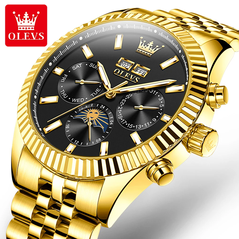 OLEVS Brand New Fashion Moon Phase Mechanical Watch for Men Luxury Gold Stainless Steel Strap Waterproof Luminous Mens Watches
OLEVS Brand New Fashion Moon Phase Mechanical Watch for Men Luxury Gold Stainless Steel Strap Waterproof Luminous Mens Watches