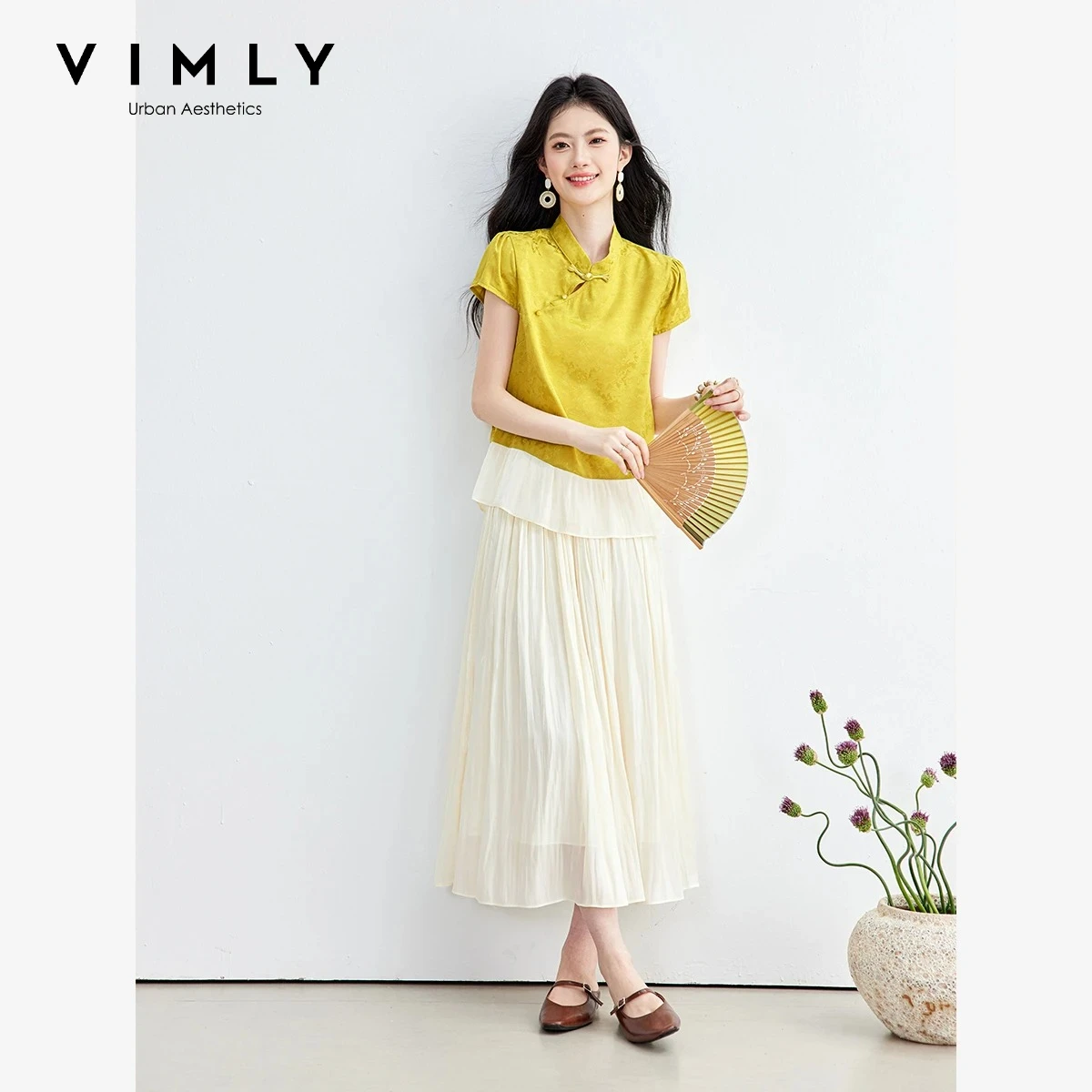 VIMLY New Chinese Two Piece Set Women's Stand Collar Spliced Hem Shirt Elastic Waist Long Skirt Summer Casual Outfits A6822
VIMLY New Chinese Two Piece Set Women's Stand Collar Spliced Hem Shirt Elastic Waist Long Skirt Summer Casual Outfits A6822