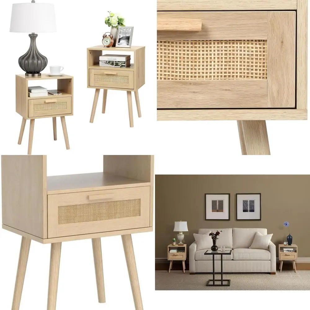 Pair of Rattan-Decorated Nightstands, Wooden Side Tables with Storage for Bedroom, Natural Finish
Pair of Rattan-Decorated Nightstands, Wooden Side Tables with Storage for Bedroom, Natural Finish