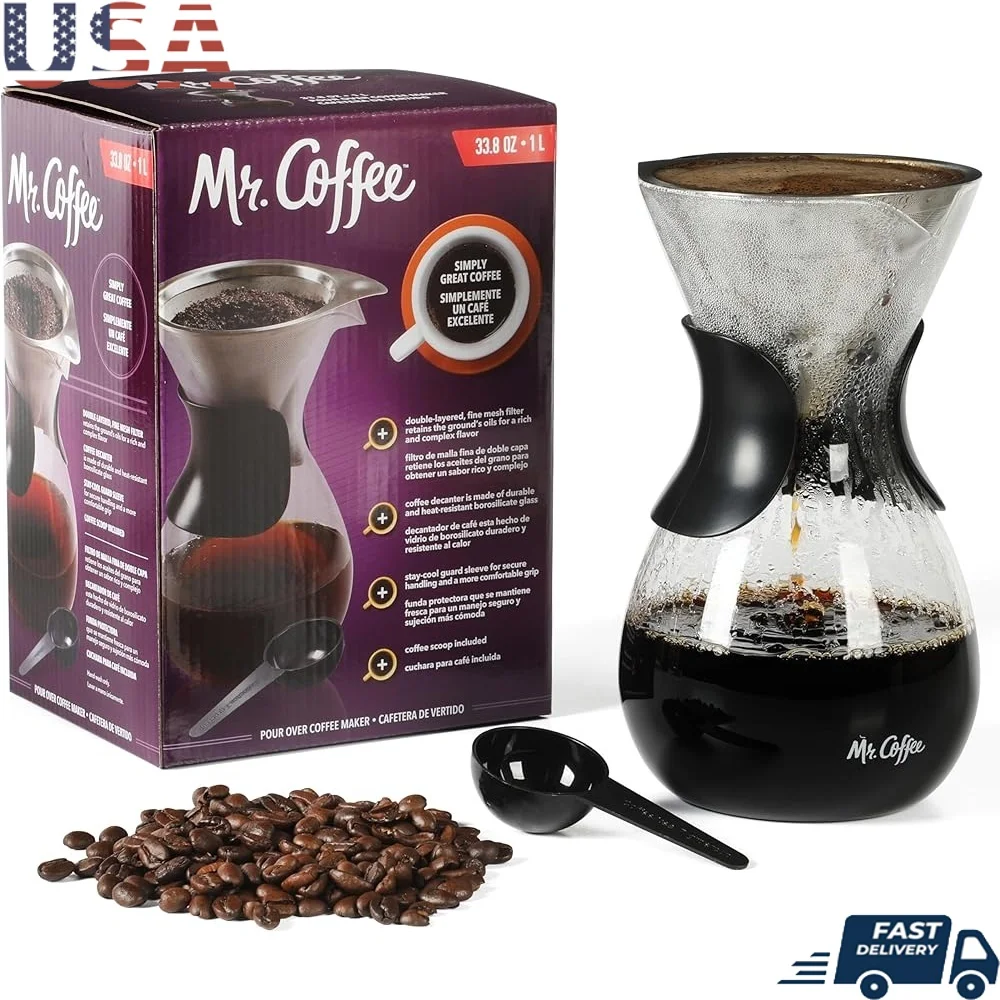 3 Piece 34 OZ Borosilicate Glass Pour Over Coffee Maker with Stainless Steel Filter and Protective Hand Guard Sleeve
3 Piece 34 OZ Borosilicate Glass Pour Over Coffee Maker with Stainless Steel Filter and Protective Hand Guard Sleeve