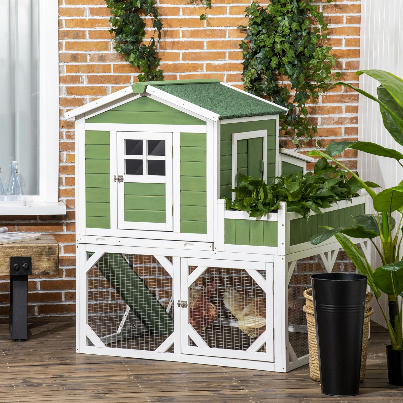 Chicken Coop with Planting Box, Nesting Box, Slide-out Tray, Green
Chicken Coop with Planting Box, Nesting Box, Slide-out Tray, Green
