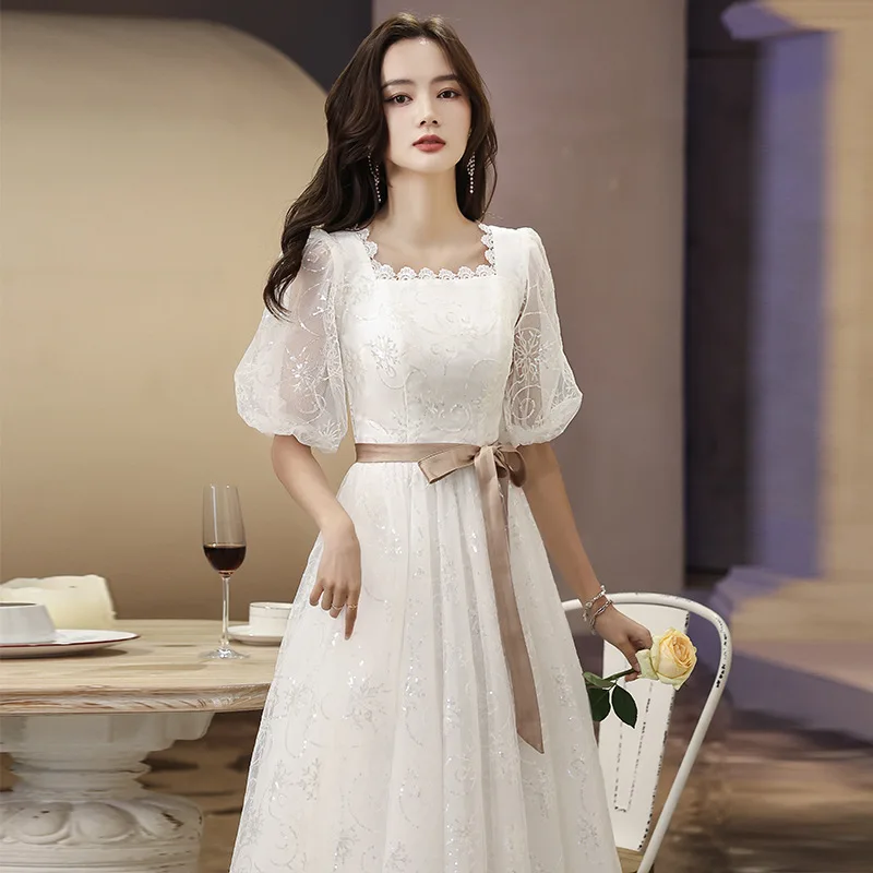 White Women Sequined Evening Dress Puff Sleeve Square Collar Tulle Gowns Midi-Length Bridesmaid Dress For Wedding
White Women Sequined Evening Dress Puff Sleeve Square Collar Tulle Gowns Midi-Length Bridesmaid Dress For Wedding