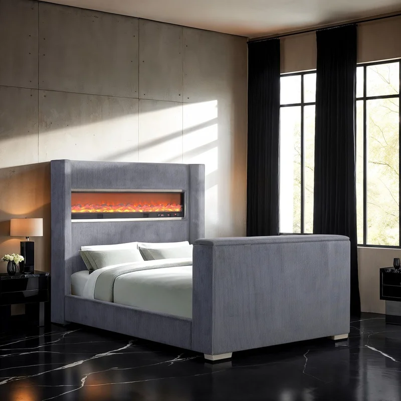 Contemporary Eastern King Headboard with Wing Back Design, TV Lift Footboard, Gray Bedroom Furniture
Contemporary Eastern King Headboard with Wing Back Design, TV Lift Footboard, Gray Bedroom Furniture