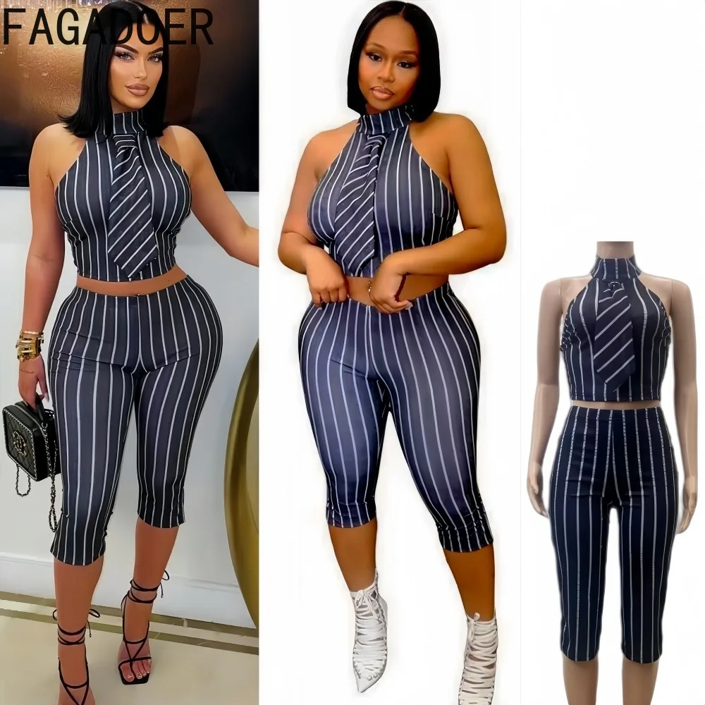 FAGADOER Casual Stripe Print Patchwork Two Piece Outfits Woman Halter Sleeveless Backless Crop Top and Pants Female Streetwear
FAGADOER Casual Stripe Print Patchwork Two Piece Outfits Woman Halter Sleeveless Backless Crop Top and Pants Female Streetwear