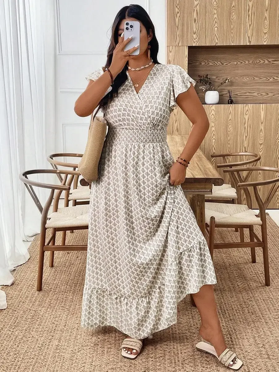 Elegant Floral Pattern Short Sleeve Shirred Ruffle Elastic Waist Maxi Dress For Women
Elegant Floral Pattern Short Sleeve Shirred Ruffle Elastic Waist Maxi Dress For Women