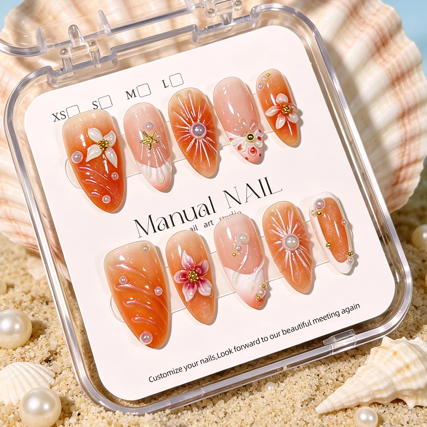 10/30Pcs Sunset Orange Pearl Shell Almond False Nails 3D Flower Metal Starfish Caviar Beads Press on nails Summer Fake Nail Tips
10/30Pcs Sunset Orange Pearl Shell Almond False Nails 3D Flower Metal Starfish Caviar Beads Press on nails Summer Fake Nail Tips