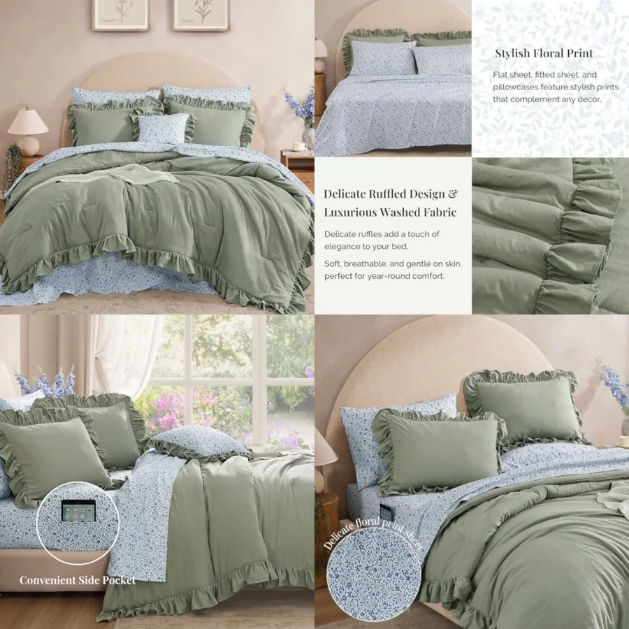 Comforter Set - 7 Pieces Ruffle Sage Green Bedding Sets, Shabby Chic Farmhouse Bed in a Bag with Ruffle Comforter, Floral Sheet
Comforter Set - 7 Pieces Ruffle Sage Green Bedding Sets, Shabby Chic Farmhouse Bed in a Bag with Ruffle Comforter, Floral Sheet