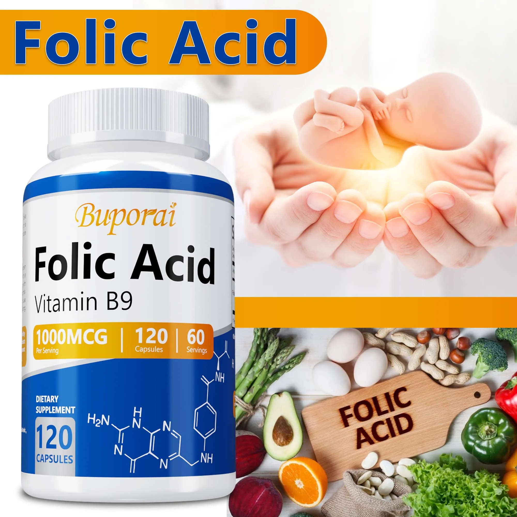 Folic Acid - Brain and Digestive Function, Liver Support, Healthy Nervous System - 120 Capsules 
Folic Acid - Brain and Digestive Function, Liver Support, Healthy Nervous System - 120 Capsules