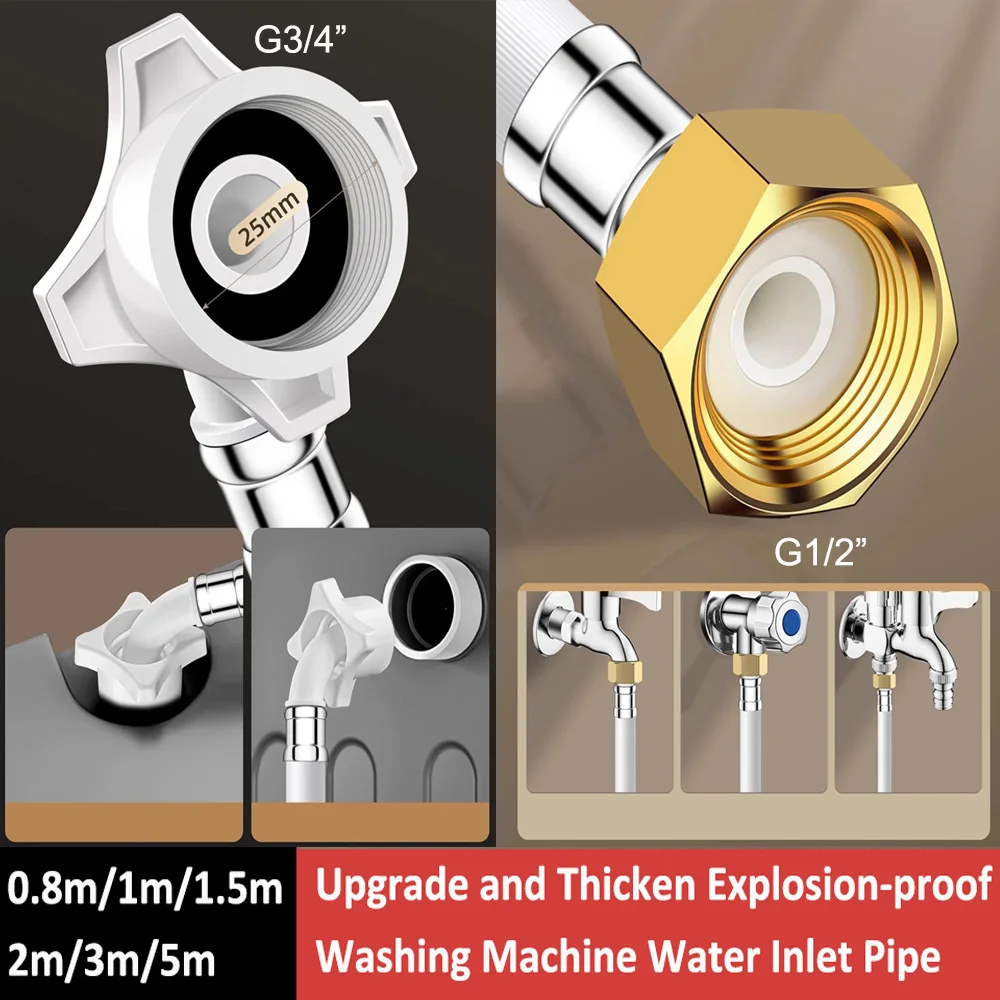 80/100/150/200/300/500cm Long Explosion-Proof Washing Machine Hose G1/2-G3/4 Inch Water Inlet Flexible Pipe Bathroom Plumbing
80/100/150/200/300/500cm Long Explosion-Proof Washing Machine Hose G1/2-G3/4 Inch Water Inlet Flexible Pipe Bathroom Plumbing