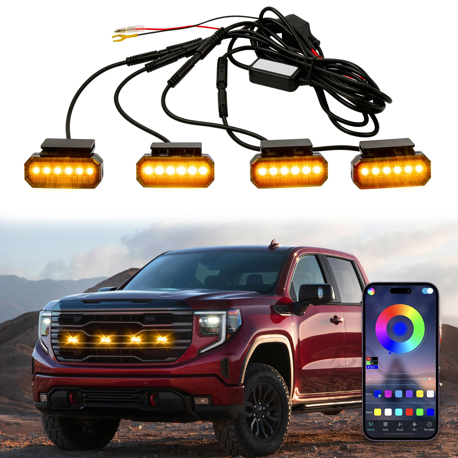 4PCS Universal Color-Changing Front Grill Lights for Trucks APP Control Clip on Led Light For Jeep Wrangler Ford F-150 Toyota
4PCS Universal Color-Changing Front Grill Lights for Trucks APP Control Clip on Led Light For Jeep Wrangler Ford F-150 Toyota