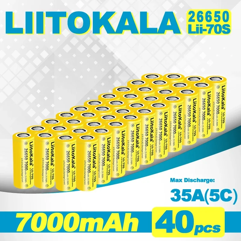 40 шт. LiitoKala 3,7 В 26650 7000 мАч литий-ионный аккумулятор для DIY аккумуляторной батареи 4S 8S 12S 16S аварийный источник питания
40 шт. LiitoKala 3,7 В 26650 7000 мАч литий-ионный аккумулятор для DIY аккумуляторной батареи 4S 8S 12S 16S аварийный источник питания