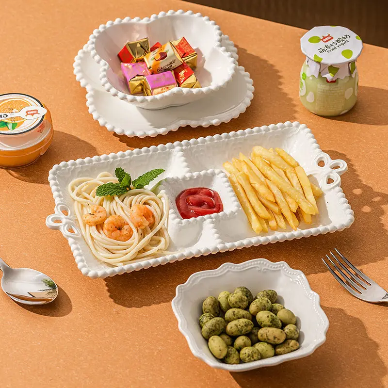 Creative Nordic Pure White Pearl Separated Plate Embossed Flower Plate Salad Bowl with Saucer Western Food Plate Household Dish
Creative Nordic Pure White Pearl Separated Plate Embossed Flower Plate Salad Bowl with Saucer Western Food Plate Household Dish