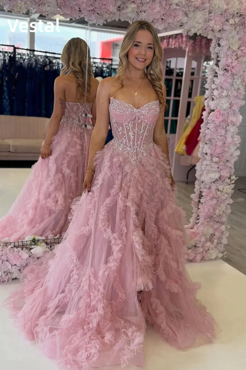 Pink Strapless Crystal Beaded Corset Prom Dress Ruffled Tulle High Slit Formal Evening Gown for Women Birthday Party Customized
Pink Strapless Crystal Beaded Corset Prom Dress Ruffled Tulle High Slit Formal Evening Gown for Women Birthday Party Customized