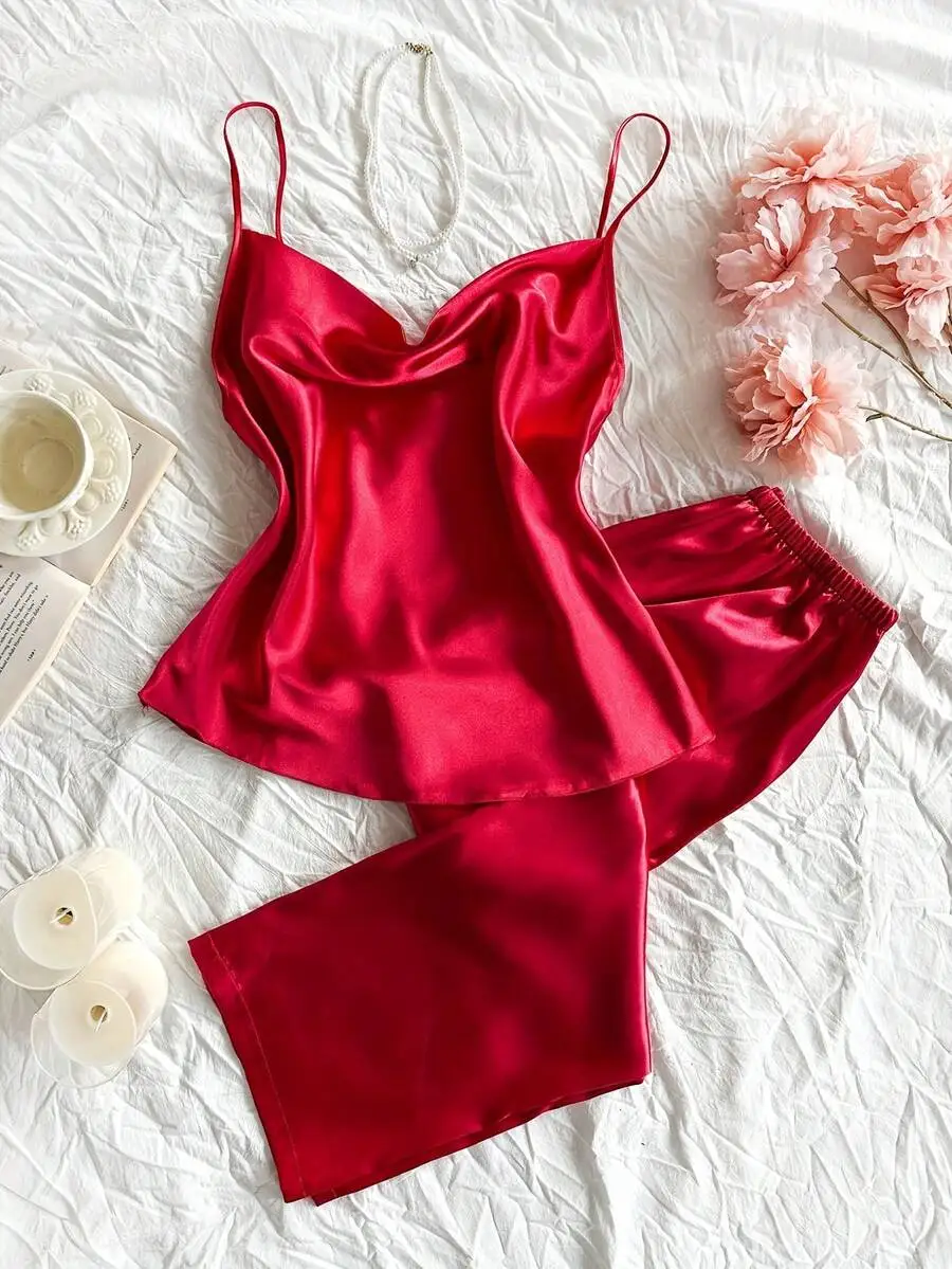 2pcs Women Solid Red Satin Sleepwear Set Draped Neck Camisole And Long Pants Elegant Loungewear
2pcs Women Solid Red Satin Sleepwear Set Draped Neck Camisole And Long Pants Elegant Loungewear