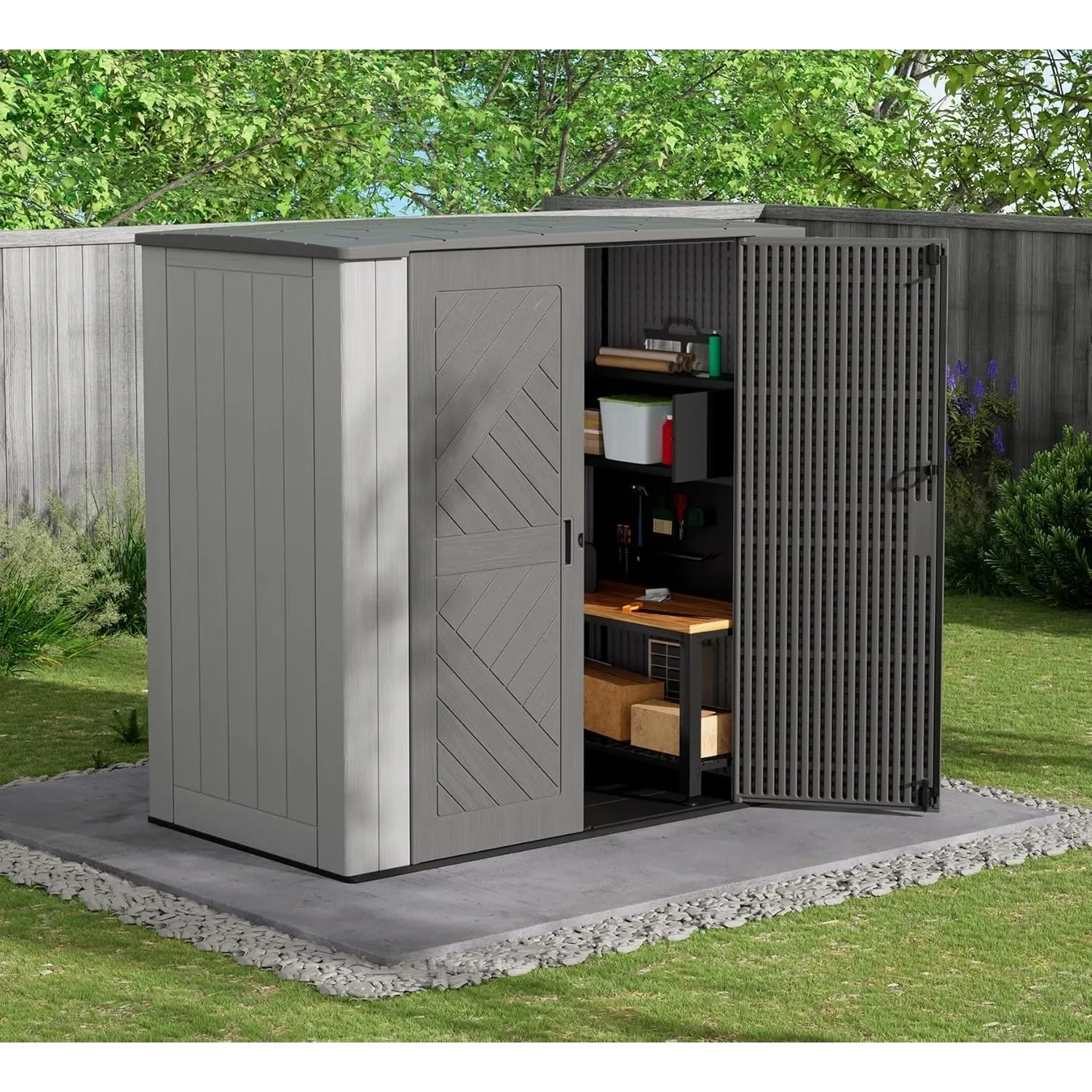 6x4 Ft All-Weather Resin Outdoor Storage Shed with Floor & Windows Double-layer Plastic Tool Shed for Patio Garden Lawn, Custom
6x4 Ft All-Weather Resin Outdoor Storage Shed with Floor & Windows Double-layer Plastic Tool Shed for Patio Garden Lawn, Custom