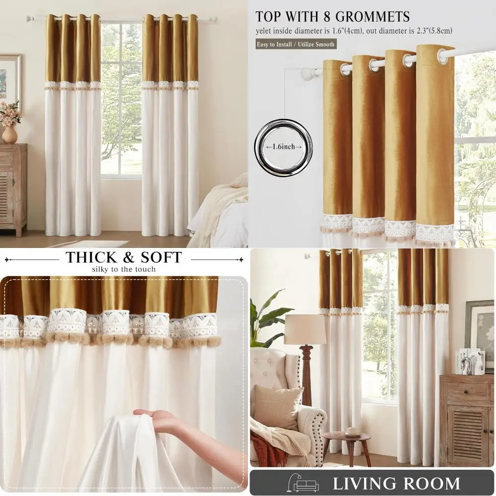 Elegant Farmhouse Style Velvet Curtains, 108 Inches Long, 2 Panels, Gold and Ivory, with Lace Detail for Living Room, Blackout D
Elegant Farmhouse Style Velvet Curtains, 108 Inches Long, 2 Panels, Gold and Ivory, with Lace Detail for Living Room, Blackout D