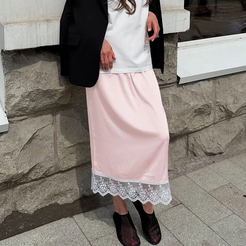 Linad Casual Satin Lace Pink Skirts For Woman Elegant Embroidery Long Skirt Summer Street Chic Mid-Calf Silk Skirt 2025 Autumn 
Linad Casual Satin Lace Pink Skirts For Woman Elegant Embroidery Long Skirt Summer Street Chic Mid-Calf Silk Skirt 2025 Autumn