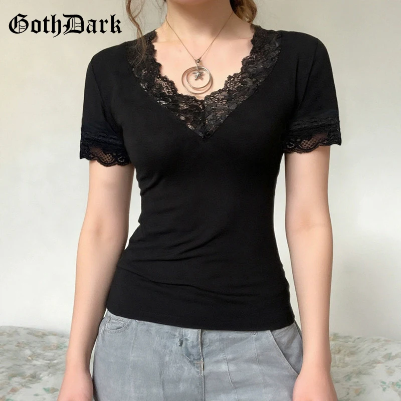 Goth Dark Acubi Fashion Black Short Sleeve V-neck T-shirt Casual Women Bottoming Tops Mall Gothic Lace Stitch T-shirts Slim Tees
Goth Dark Acubi Fashion Black Short Sleeve V-neck T-shirt Casual Women Bottoming Tops Mall Gothic Lace Stitch T-shirts Slim Tees