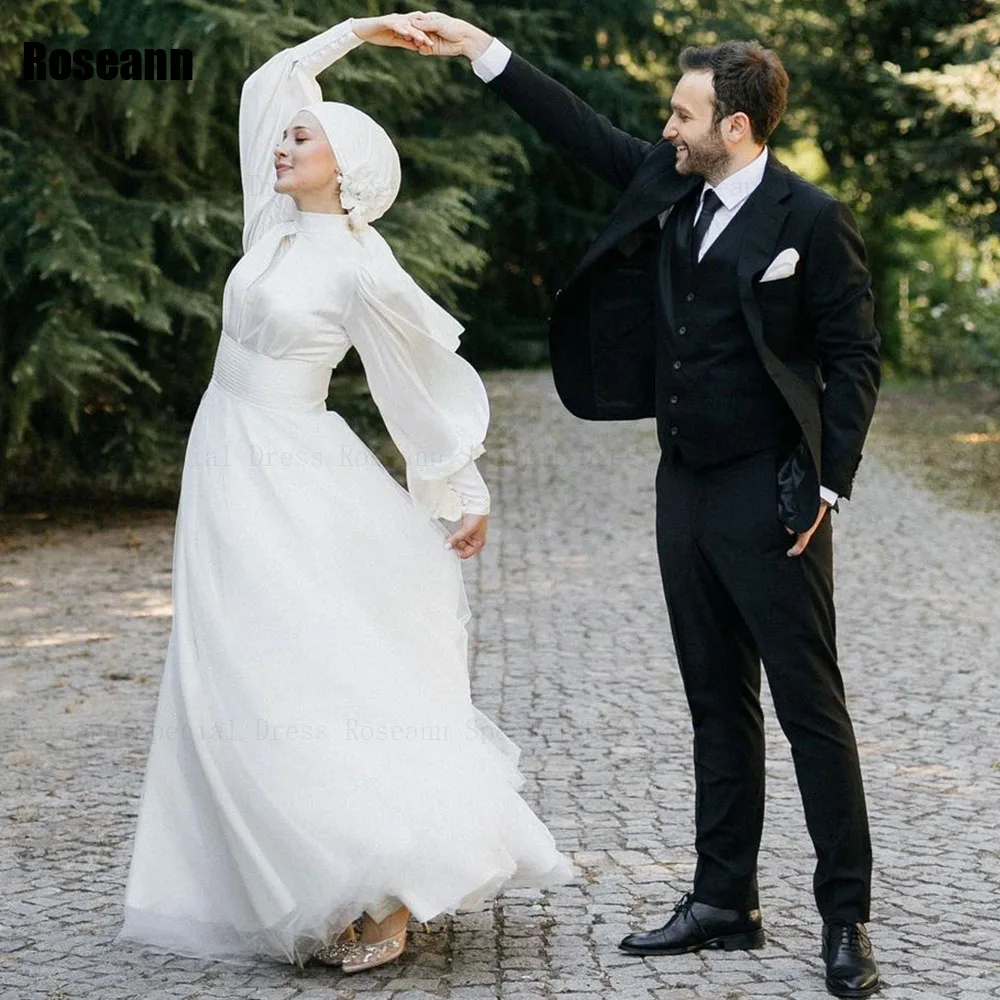 Muslim Simple High Collar A-line Wedding Dresses Ruffle Satin Draped Pleat Floor Length Bride Dress Brush Train robe de mariée
Muslim Simple High Collar A-line Wedding Dresses Ruffle Satin Draped Pleat Floor Length Bride Dress Brush Train robe de mariée