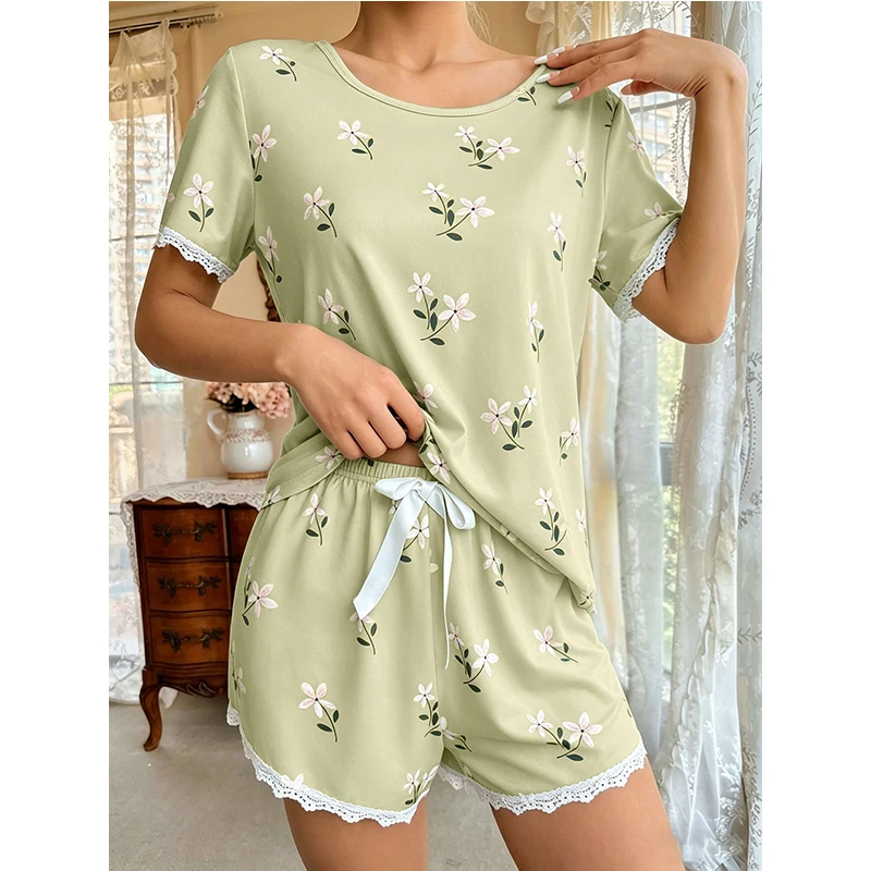 New round Neck Short Sleeve Printed Lace Top And Shorts Set Home Clothes Summer Comfortable Breathable Home Fashion Set
New round Neck Short Sleeve Printed Lace Top And Shorts Set Home Clothes Summer Comfortable Breathable Home Fashion Set