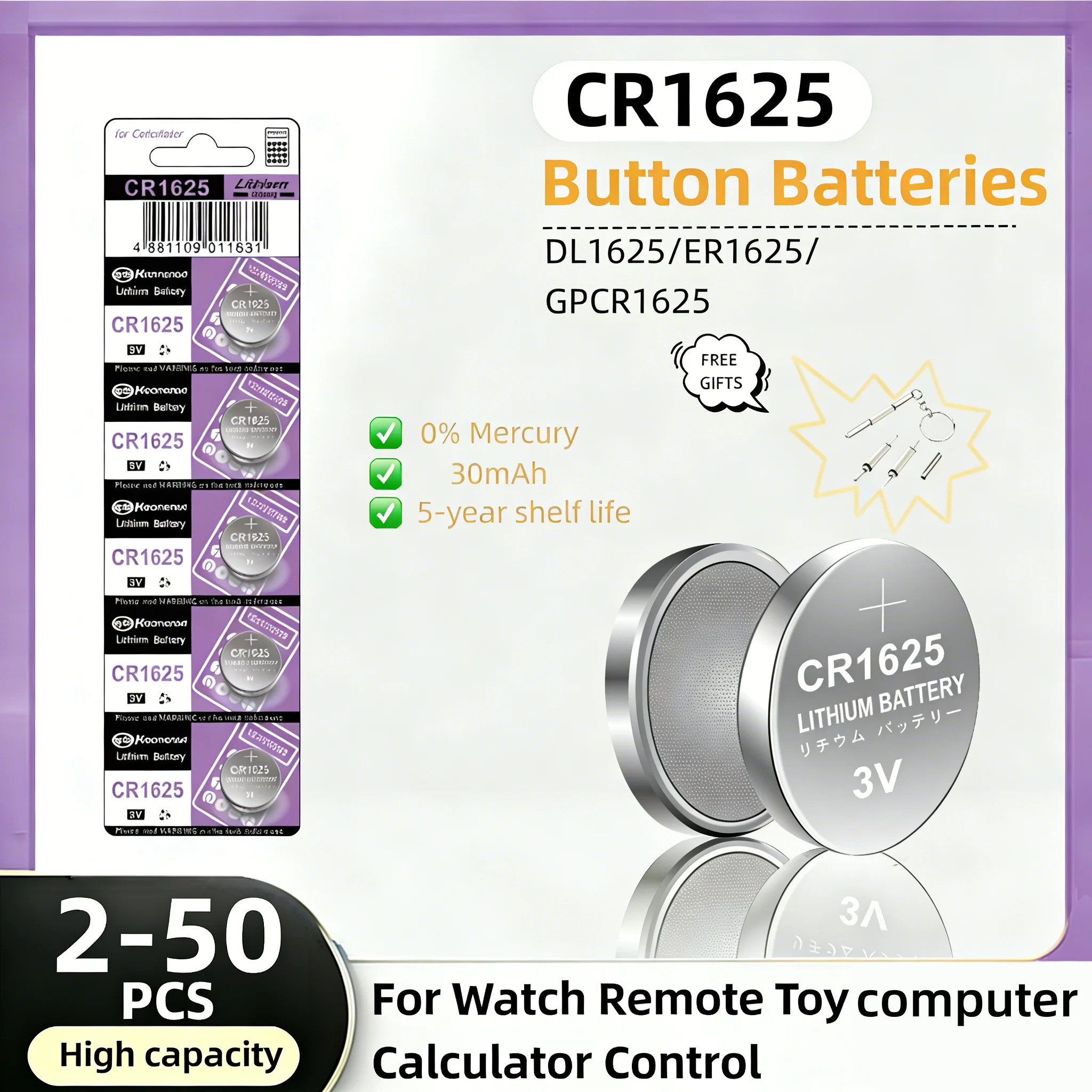 2-50PCS CR1625 3V Lithium Manganese Dioxide Button Battery DL1625 ECR1625 GPCR1625 for Calculator Watch
2-50PCS CR1625 3V Lithium Manganese Dioxide Button Battery DL1625 ECR1625 GPCR1625 for Calculator Watch