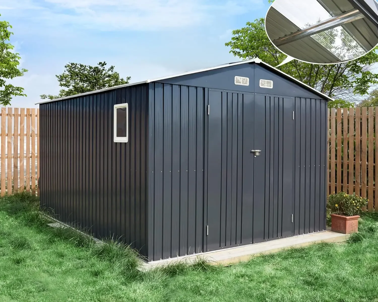 VanAcc 10x12x7,5 футов Наружный сарай для хранения, садовые навесы из оцинкованной стали с двумя светопропускающимися окнами и двойными
VanAcc 10x12x7,5 футов Наружный сарай для хранения, садовые навесы из оцинкованной стали с двумя светопропускающимися окнами и двойными
