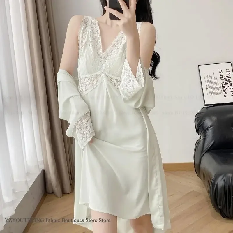 Summer Female Twinset Robe Set Sexy Patchwork Lace Lingerie Nightgown Sleepwear Elegant Loose Silky Satin Home Dress Loungewear
Summer Female Twinset Robe Set Sexy Patchwork Lace Lingerie Nightgown Sleepwear Elegant Loose Silky Satin Home Dress Loungewear