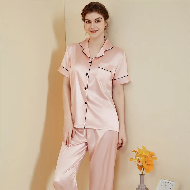 Short Sleeve Long Pants Suits Sleepwear Female 2PCS Solid Lapel Pajamas Set Silky Satin Homewear Summer New Loose Loungewear
Short Sleeve Long Pants Suits Sleepwear Female 2PCS Solid Lapel Pajamas Set Silky Satin Homewear Summer New Loose Loungewear