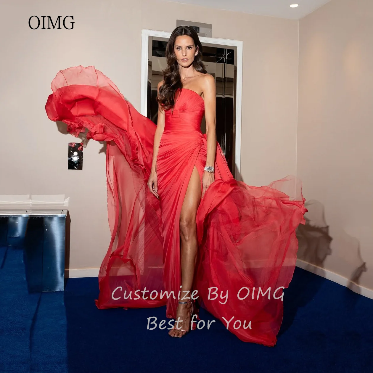 OIMG Vibrant Strapless Mermaid Prom Gowns Flowy Backless Pleated Party Gown Side Slit Floor Length Evening Dress Customized 
OIMG Vibrant Strapless Mermaid Prom Gowns Flowy Backless Pleated Party Gown Side Slit Floor Length Evening Dress Customized