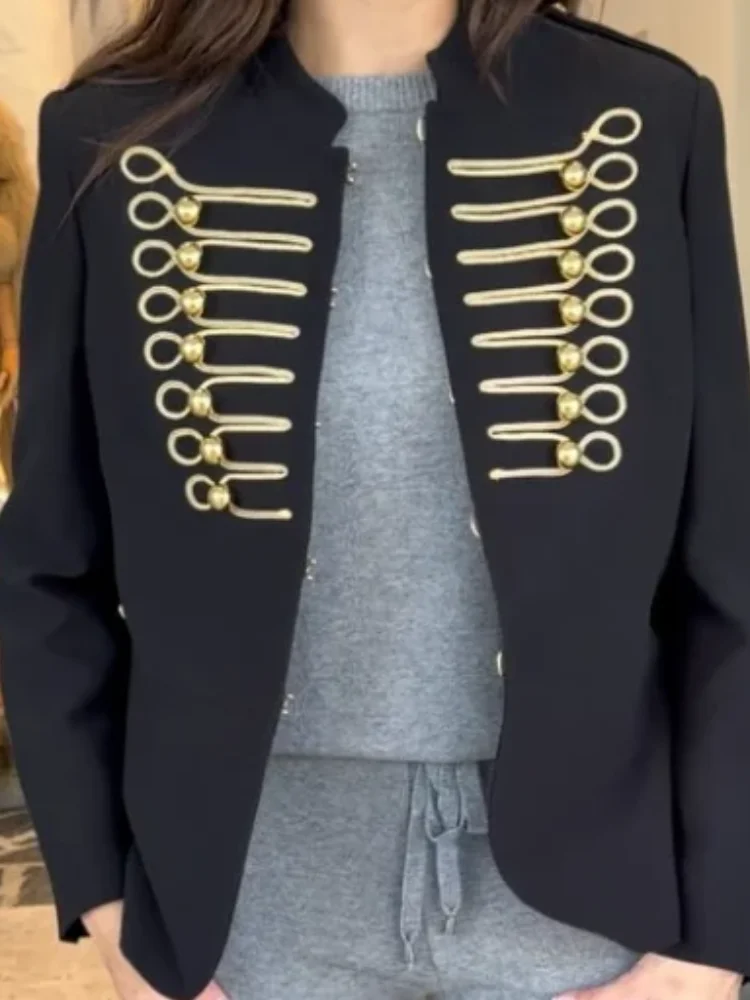 Black Women Courtly Military Jacket Retro Luxury Stand Collar Gold Hook-and-eye Trim Single Breasted Outerwear Daily 2026 Outfit
Black Women Courtly Military Jacket Retro Luxury Stand Collar Gold Hook-and-eye Trim Single Breasted Outerwear Daily 2026 Outfit