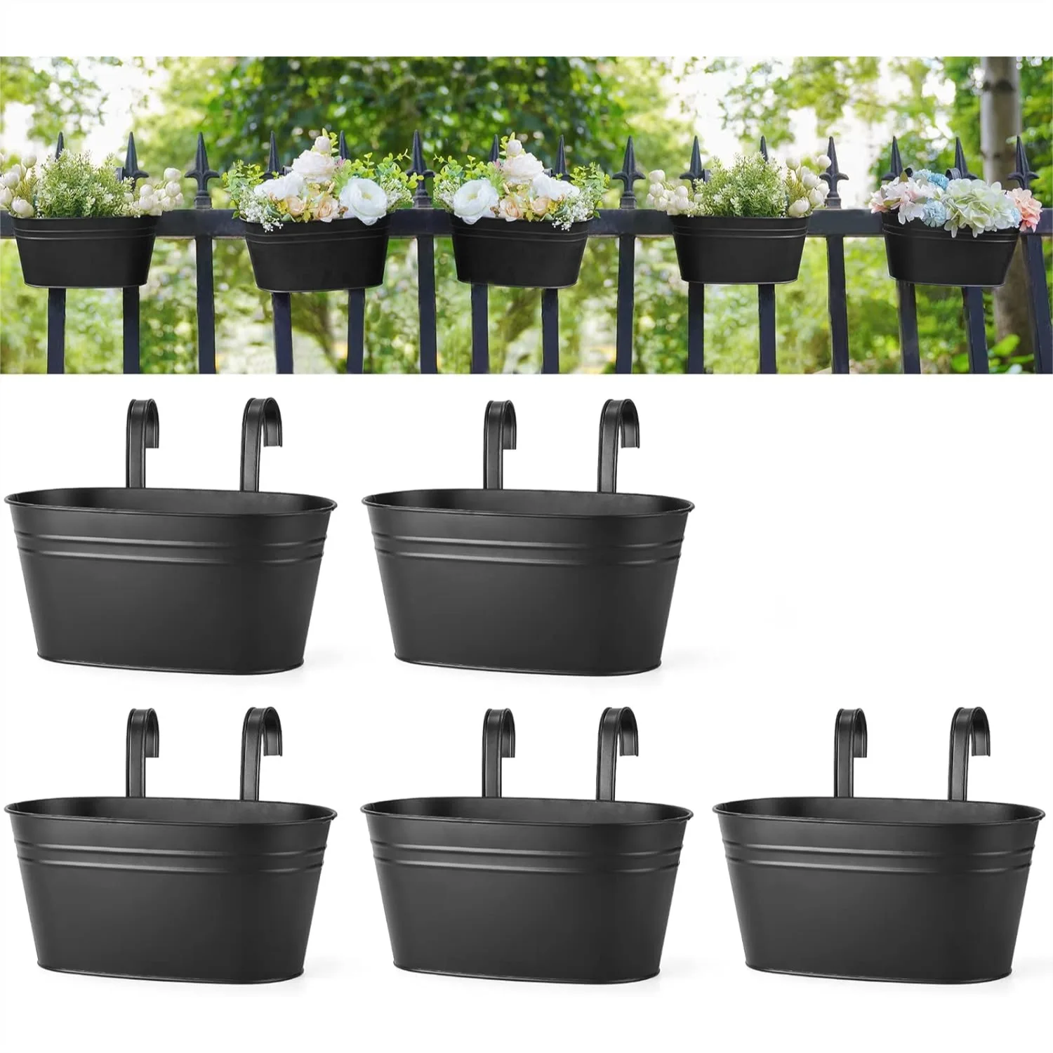 10.5 Inch Metal Hanging Flower Pots for Railing Fence Window Planter with Hooks, Black, 5 Pcs
10.5 Inch Metal Hanging Flower Pots for Railing Fence Window Planter with Hooks, Black, 5 Pcs