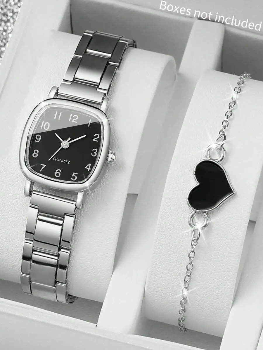 Womens Square Stainless Steel Quartz Watch With Heart Charm Bracelet Set
Womens Square Stainless Steel Quartz Watch With Heart Charm Bracelet Set