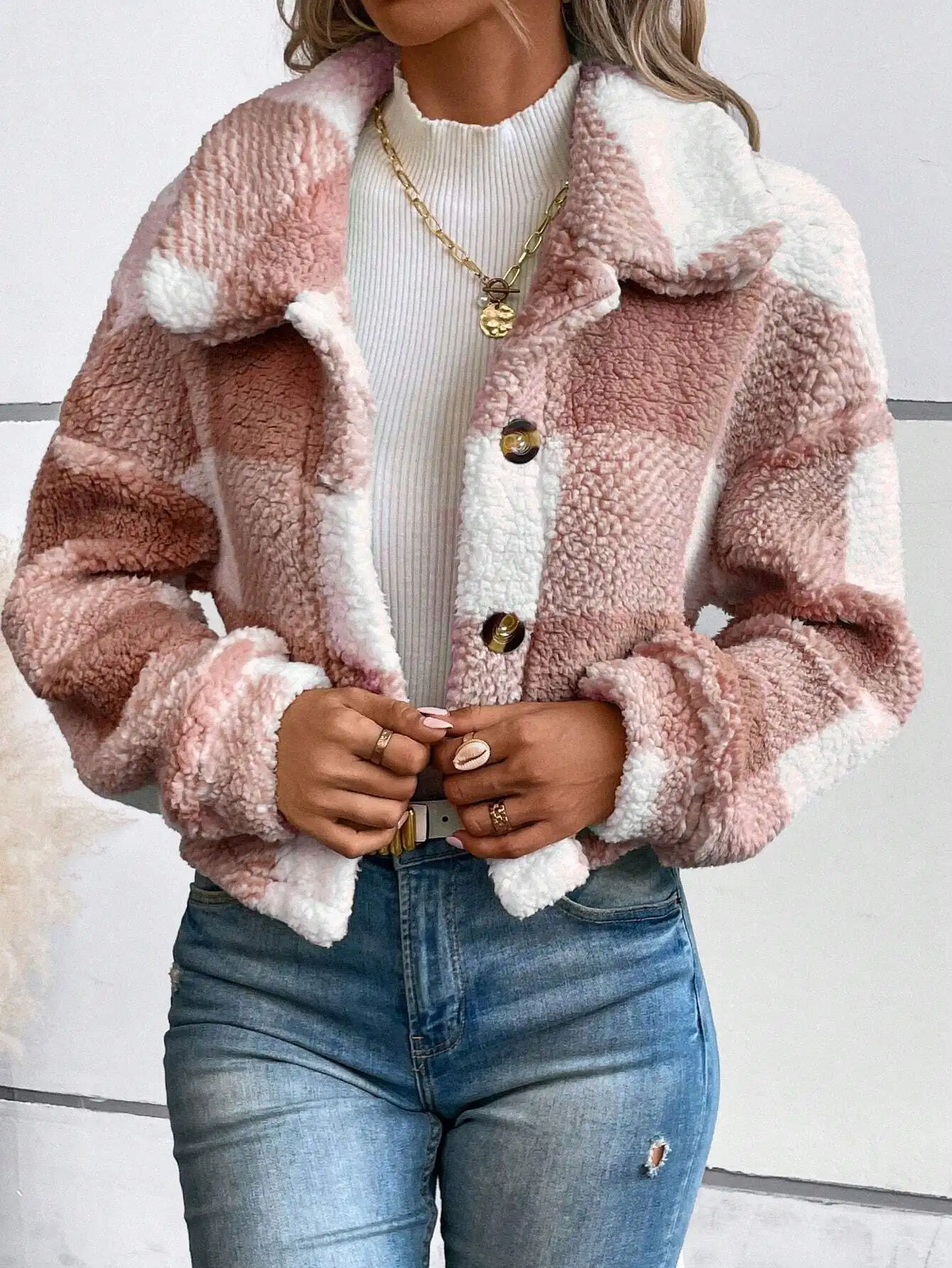 Women's Pink & White Plaid Faux Fur Jacket with Button Closure
Women's Pink & White Plaid Faux Fur Jacket with Button Closure