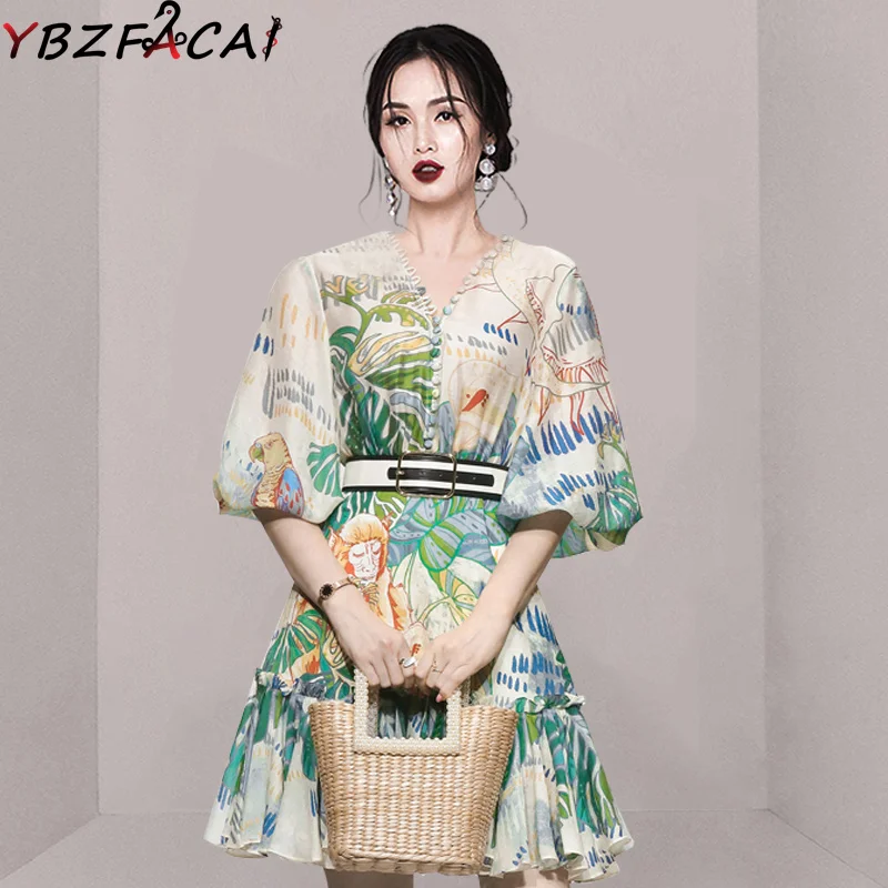 2022 Summer Women Elegant High-endPrinted Dress Vintage V Neck Lantern Sleeves High Waist Slim Green Floral Dress with Belt Robe
2022 Summer Women Elegant High-endPrinted Dress Vintage V Neck Lantern Sleeves High Waist Slim Green Floral Dress with Belt Robe