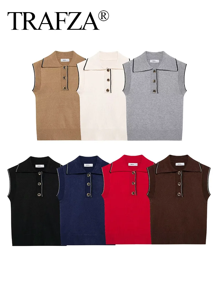 TRAFZA Woman Autumn Chic Sleeveless Single Breasted Decoration Vest Top Fashion Women Turn Down Collar Knitted Sweater Tops
TRAFZA Woman Autumn Chic Sleeveless Single Breasted Decoration Vest Top Fashion Women Turn Down Collar Knitted Sweater Tops