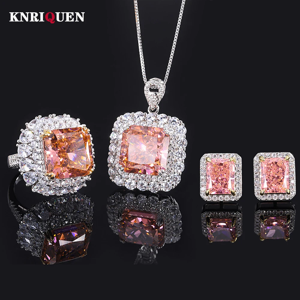 Luxury 100% 925 Silver Padparadscha High Carbon Diamond Rings Pendant Necklace Earrings Wedding Fine Jewelry Sets Gift for Women
Luxury 100% 925 Silver Padparadscha High Carbon Diamond Rings Pendant Necklace Earrings Wedding Fine Jewelry Sets Gift for Women